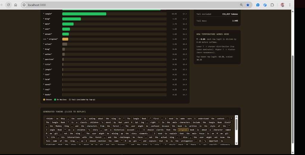 Qwen3 sampling visualizer showing generated tokens with original token selected in context