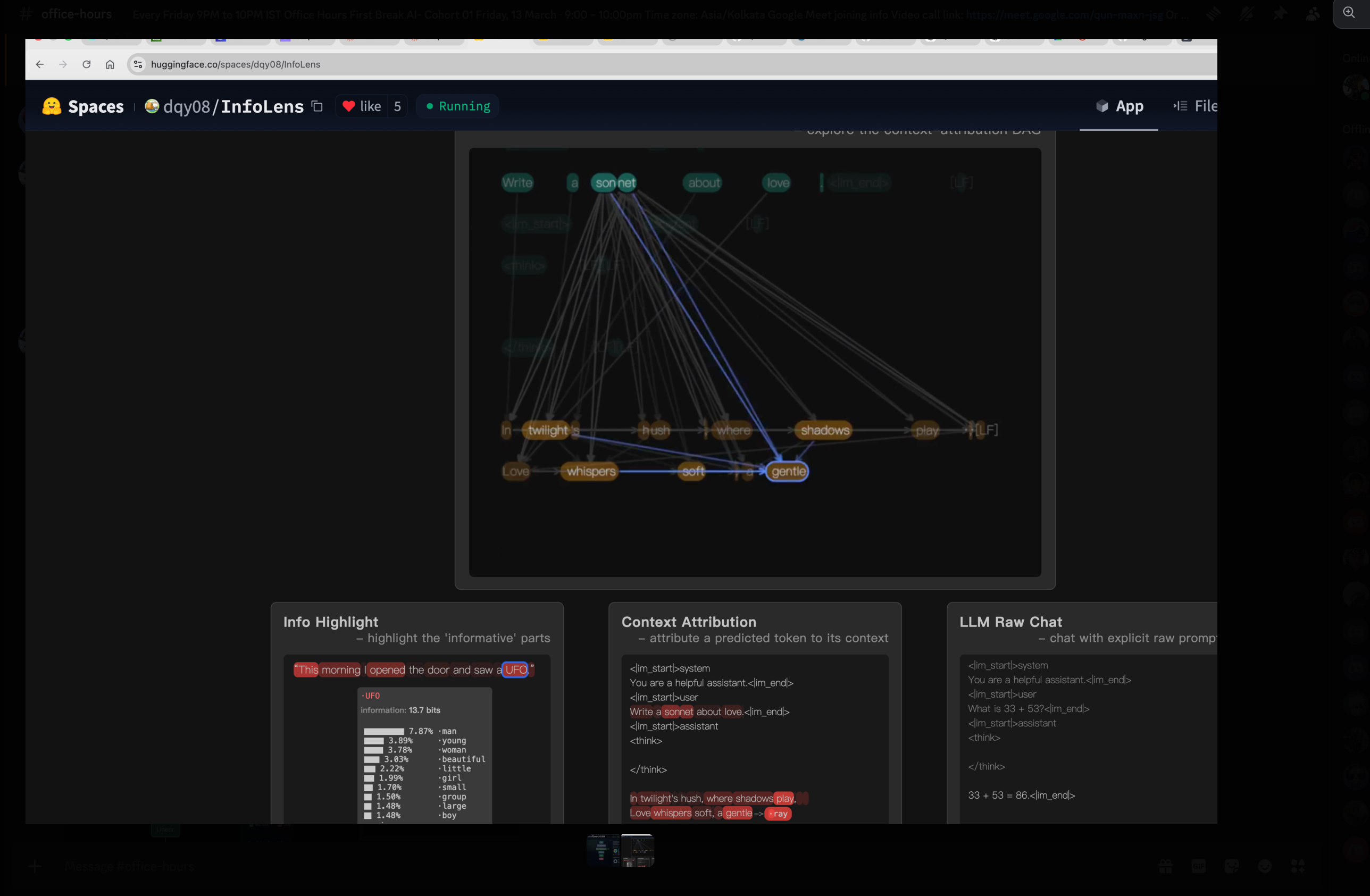 InfoLens HuggingFace space showing context-attribution DAG, info highlight panel, context attribution panel, and LLM raw chat panel for a sonnet generation
